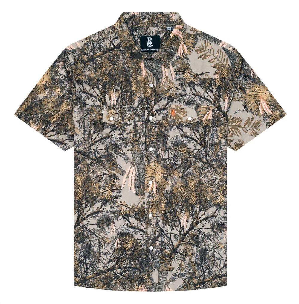 NEW RAISED BY COYOTES men's mesquite pearl snap shirt in camo